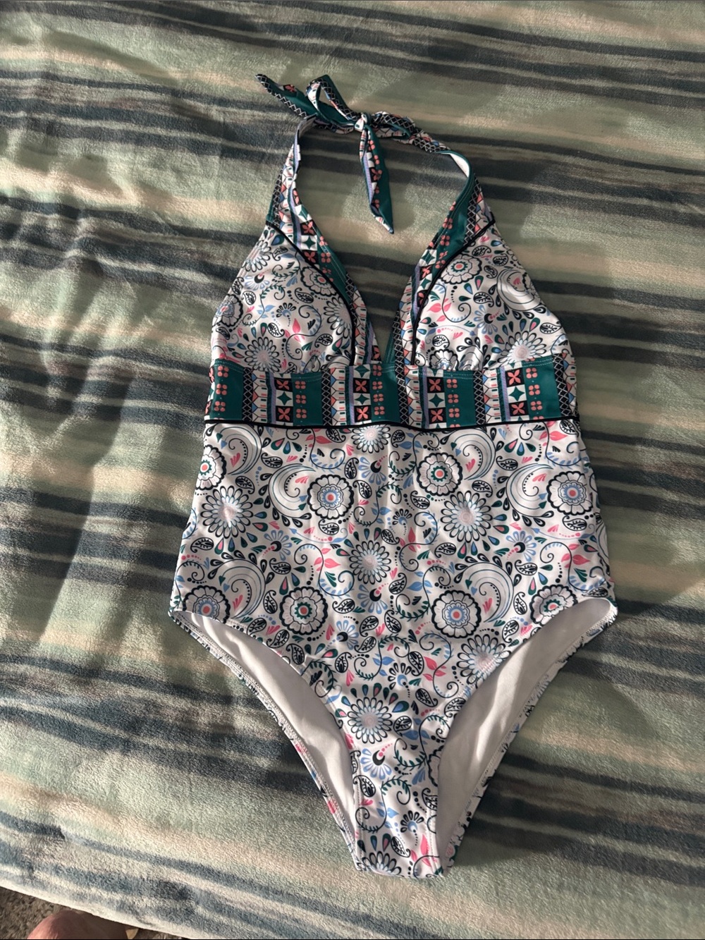Floral Paisley One-Piece Halter Swimsuit - Teal & White
